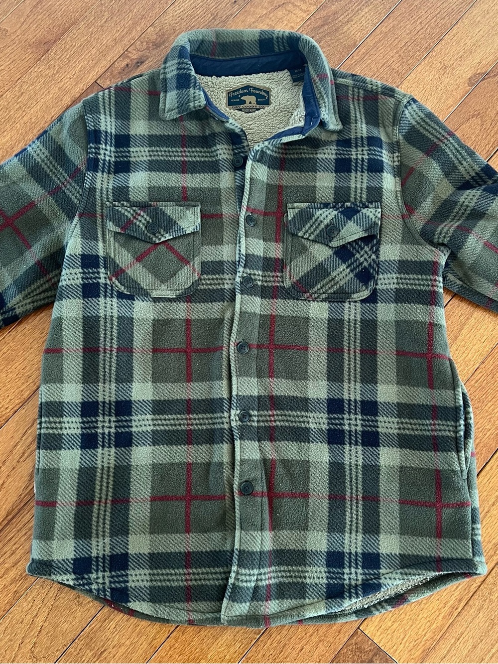 Freedom Foundry Sherpa Lined Flannel Plaid Olive Green Shacket Size Medium - Picture 5 of 10